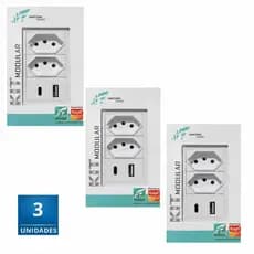 Kit 3 Tomadas USB Tipo C Para Celular Tablet de Parede 10A