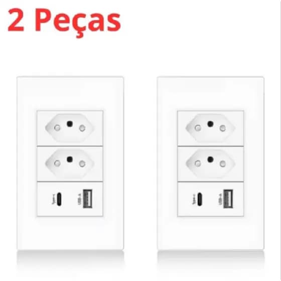 kit 2 Tomadas de Parede Dupla Com Entrada Usb e tipo C 5V Bivolt 4/1 Carregamento Rápido Multi Carregamento