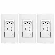 Kit 3 Interruptor com Tomada 20A USB USB-C Carregamento Inteligente Tomada De 20 Amperes De Parede