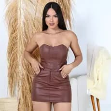 Conjunto Feminino Luxo Saia Cropped Corselet Tecido Courino