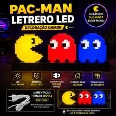 Luminária LED Pac-Man Decorativa 39cm | Letreiro Gamer para Setup e Quarto Geek