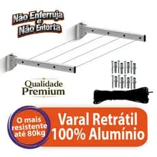 Varal Retrátil Dobrável Alumínio Reforçado 80kg Parede Lavanderia Premium