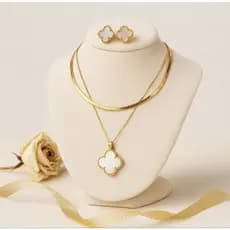 Colar Feminino Corrente Dupla Laminado Fileira Com Madrepérola Luxo Folheado Ajustável