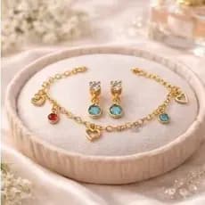 Pulseira+Brincos infantil Menina com Zircônia e coração Banhado ouro18k