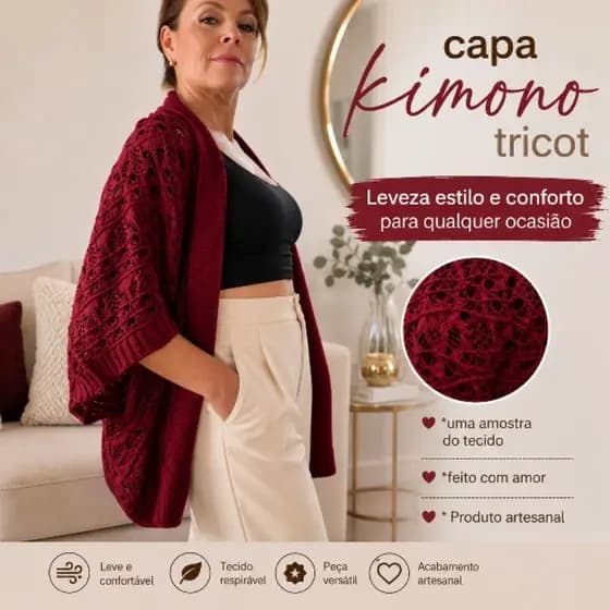 Nova Capa kimono rendada inverno tricot elegante único Plus Size e tamanho único