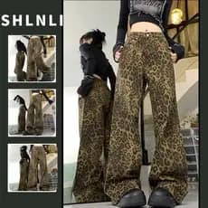 Verão Americano Retro Leopardo Impressão Calças De Perna Larga Feminina Solta Elástica Ins Reta