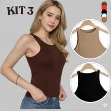 Kit 3 Regata Blusinha Feminina Básica Elegante Moda Blogueira Tendencia Tecido Helanca
