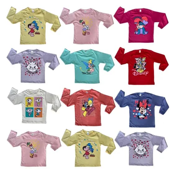 Kit 5 Camiseta Infantil Manga Longa Menina Feminino 100% Algodão Inverno 2 à 8 Anos