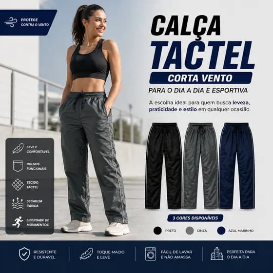 Kit Calças Tactel Feminina Reta Larga Costura Reforçada