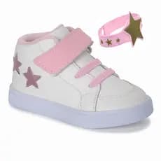 Tenis botinha infantil feminina criança branco rosa estrela calçado com pulseira