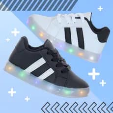 Tenis Com Luzes de Led Pisca Listrado Preto ou Branco Crianca Infantil Juvenil Meninos Masculino PC