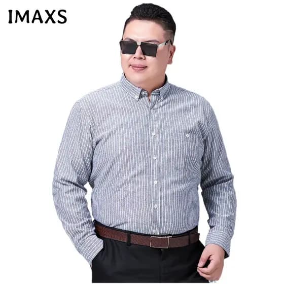 Camisa Oxford de Manga Longa para Homens, Tamanho Grande, com Bolso e Listras, para Negócios, 60-175KG PLUS SIZE