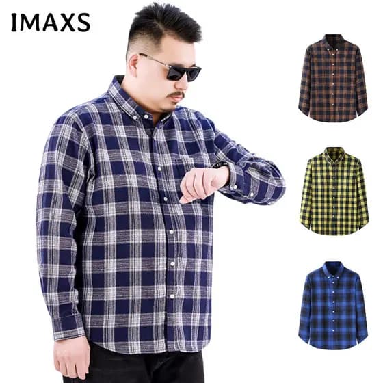 Camisa Casual de Negócios Masculina de Manga Longa, Tamanho Grande, Estampa Xadrez, Tecido Escovado, para Homens de 60-1