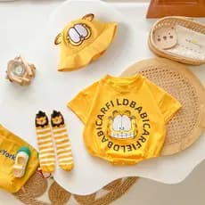 Macacão Recém-Nascido Para Meninos E Meninas De Manga Curta Algodão Puro Com Padrão De Gato Bonito Garfield Romper