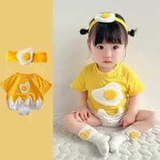 Roupas Fofas Para Bebês Meninas Manga Curta Rompers De Ovo Amarelo + Fita De Cabeça Fatos 0-24M