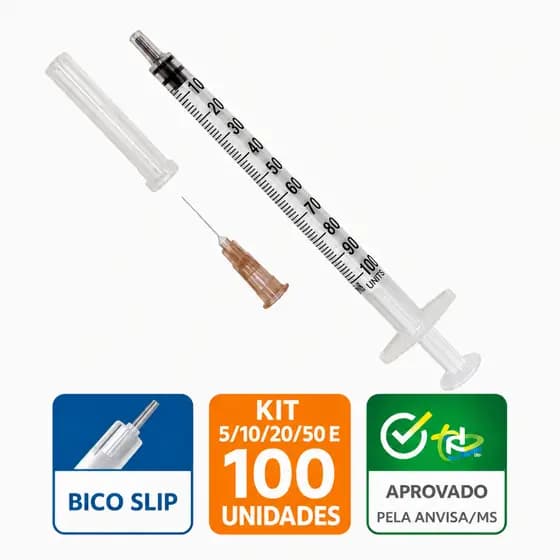 Seringa 1ml com Agulha 13x0,45 Bico Slip Descartável para Insulina/Testosterona 100UI KIT 5/10 E 20 UNIDADES