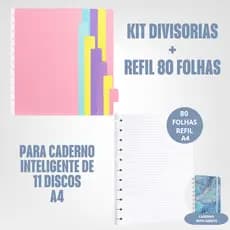 8 Divisórias Coloridas Caderno Inteligente A4 + Refil 80 Folhas Caderno Inteligente 11 discos Grande