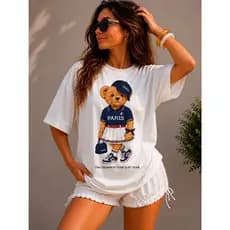 Camiseta Feminina Ursinho Paris Estampada Moda Casual Premium