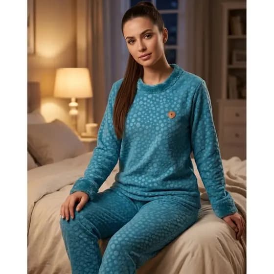 Conjunto Pijama Feminino Longo Fleece Poá Peluciado Inverno