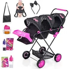Carrinho de Boneca Trigêmeos Sag Toys Bebê Baby Menina Reborn Acessórios Rosa Pink