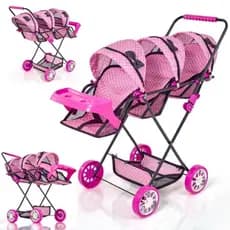 Carrinho de Boneca Trigêmeos Sag Toys Bebê Baby Menina Reborn Rosa Coraçãozinho