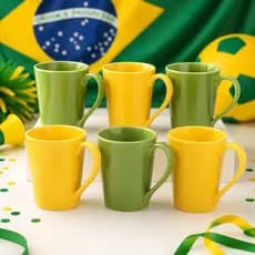 Kit 6 Canecas Tulipa 250ml Porcelana Verde e Amarela Tema Brasil Copa