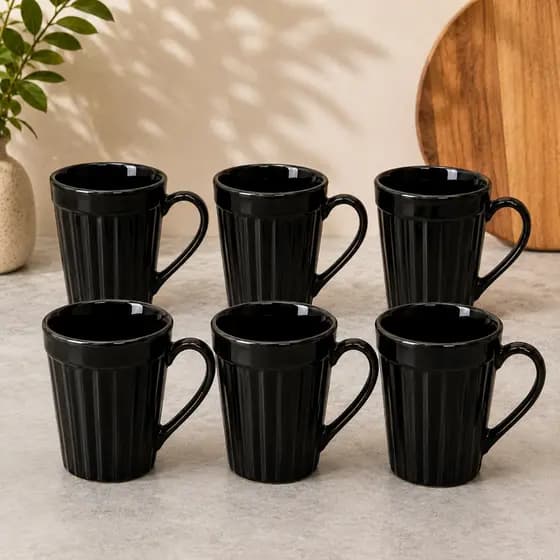 Jogo 6 Canecas Porcelana 250ml Caneladas Preta Café Chá Copo Moderna Mesa Posta Presente Casa Nova