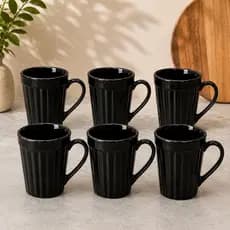 Jogo 6 Canecas Porcelana 250ml Caneladas Preta Café Chá Copo Moderna Mesa Posta Presente Casa Nova
