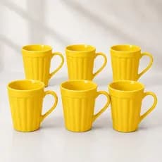 Kit 6 Canecas Porcelana 250ml Caneladas Amarelo Café Chá Copo Moderna Mesa Posta Presente Casa Nova