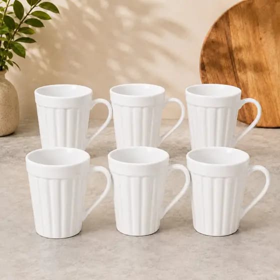 Kit 6 Canecas Porcelana 250ml Caneladas Branca Café Chá Copo Moderna Mesa Posta Presente Casa Nova