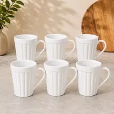 Kit 6 Canecas Porcelana 250ml Caneladas Branca Café Chá Copo Moderna Mesa Posta Presente Casa Nova