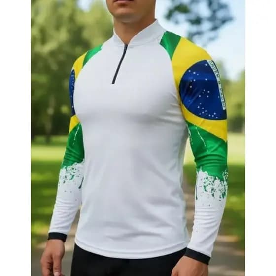 Camiseta Camisa Pesca Proteção Branca Lisa Manga Brasil Uvb50+