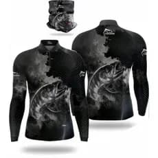 KIT CAMISA CAMISETA BLUSA + BANDANA DE PESCA COM PROTEÇÃO UV50+ TRAIRA PRETA