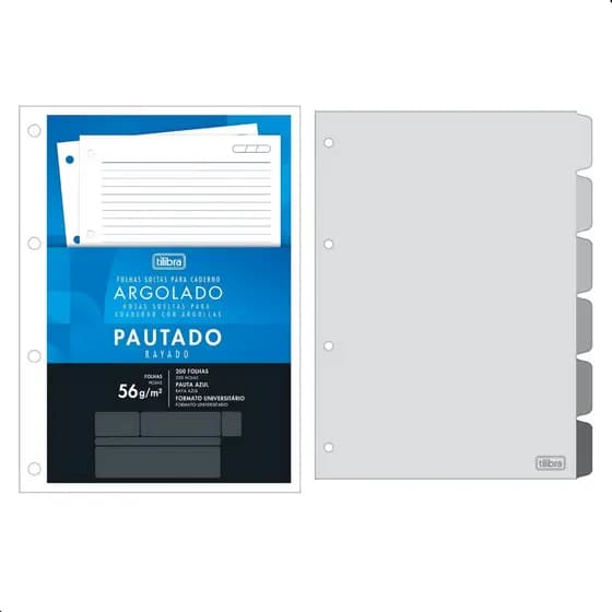 Kit Refil Fichário Tilibra 200 Folhas 56g + 6 Divisórias 4 Furos Caderno Argolado