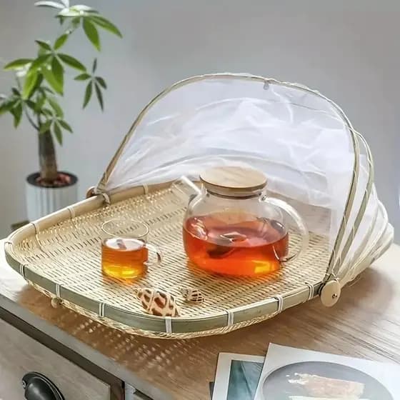 Cesto Porta Pães Bolo FRUTAS  Bambu Cobertura Tela Retrátil 42cm - MUNDIART casa cozinha