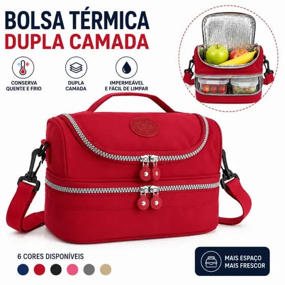 Bolsa Térmica para Marmita Academia,Lancheira, Bolsa Feminina, Forrada Alumínio Poliéster Transversal 2 compartimentos
