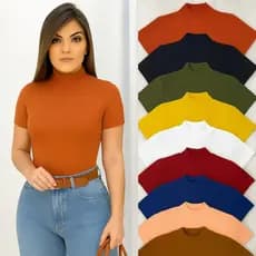 Kit 5 Blusa Básica Feminina Gola Alta Canelada Premium Manga Curta