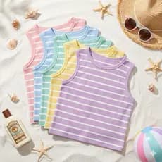 Kit 5 Blusa Feminina Cropped Regata Gringa Virgínia Ribana Listrado Blogueirinha Estilo Americano