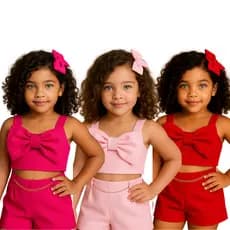 Conjunto infantil Meninas LAÇO LINHO shorts alfaiataria + Blusa Cropped Laço JUVENIL 02 ao 14 anos
