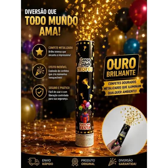 Kit 2 Lança Confete Metalizado Festas Estouro Troféu Campeão