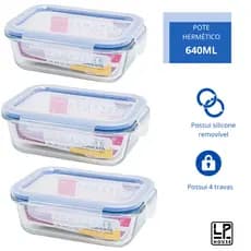 Kit 3 Potes de Vidro Hermético Marmita Tampa com travas e Silicone Removível Empilhavel 640 ML