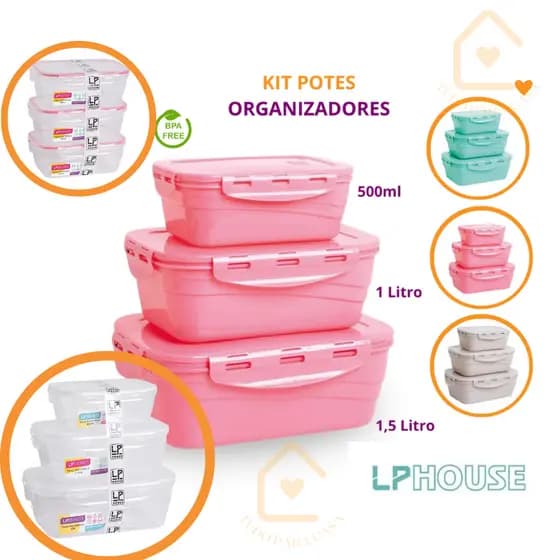 Kit 3 Potes Herméticos de Plástico c/ Lacre Trava Alta Vedação de Silicone 500 ML /1.000 ML /1.500ML