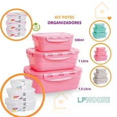 Kit 3 Potes Herméticos de Plástico c/ Lacre Trava Alta Vedação de Silicone 500 ML /1.000 ML /1.500ML