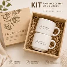 Kit Xicara e Caixa MDF Personalizadas Para Padrinhos de Batismo Para Dindos Batizado