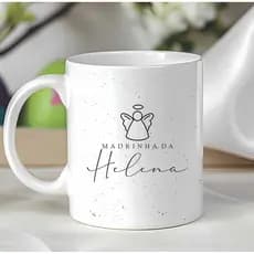 Caneca Personalizada Anjinho Porcelana para Dindos Batizado Bebê