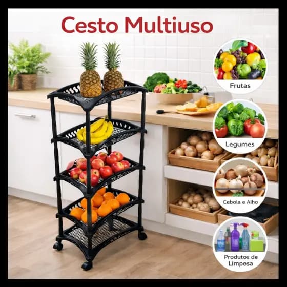 Cesto Multiuso Organizador 4 Andares com Rodinhas – Ideal para Frutas, Legumes, Cozinha e Lavanderia