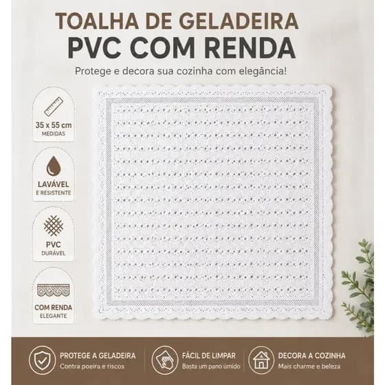 Toalha para Geladeira PVC com Renda Branca Lavável 35x55cm Decorativa
