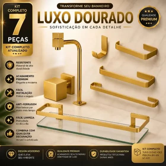 KIT PARA BANHEIRO COMPLETO PREMIUM TORNEIRA 90° + ACABAMENTO 16D + KIT 4 PEÇAS+PORTA SHAMPOO