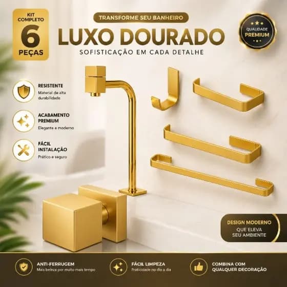 KIT COMPLETO PARA BANHEIRO LUXO, TORNEIRA CUBA DOURADA TODA EM METAL + KIT 4 PEÇAS + ACABAMENTO QUADRADO TODO EM METAL