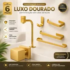 KIT COMPLETO PARA BANHEIRO LUXO, TORNEIRA CUBA DOURADA TODA EM METAL + KIT 4 PEÇAS + ACABAMENTO QUADRADO TODO EM METAL